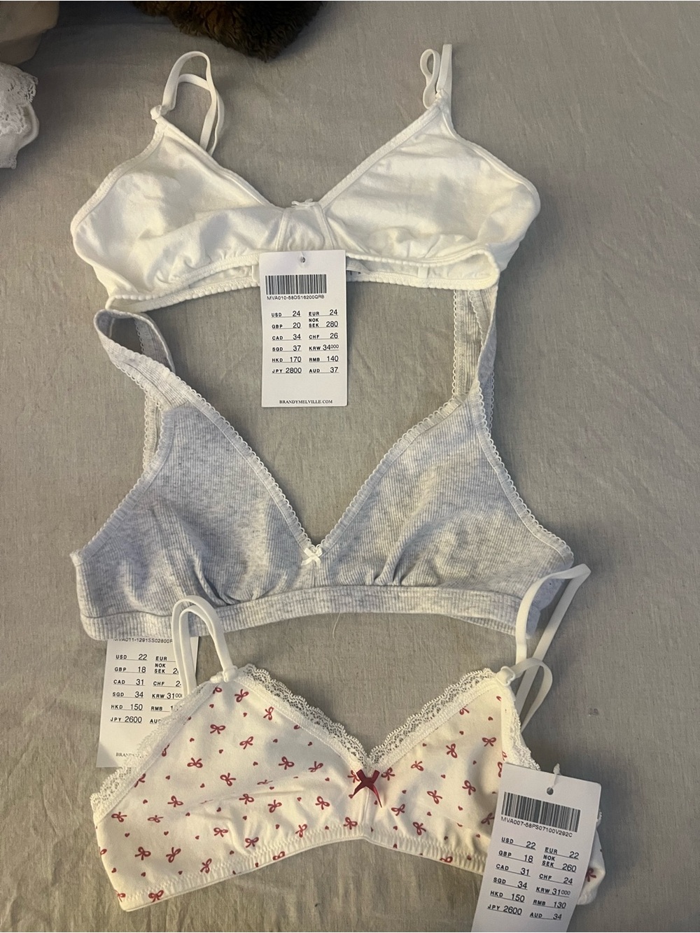 Brandy Melville Bra Bundle 3  White, Heather Gray, Cream with Red Bow Print BN